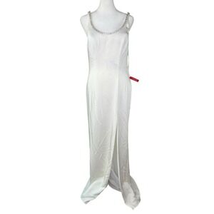 IENNA for MACDUGGAL White Satin Rhinestone Thigh High‎ Slit Wedding Dress Size 2